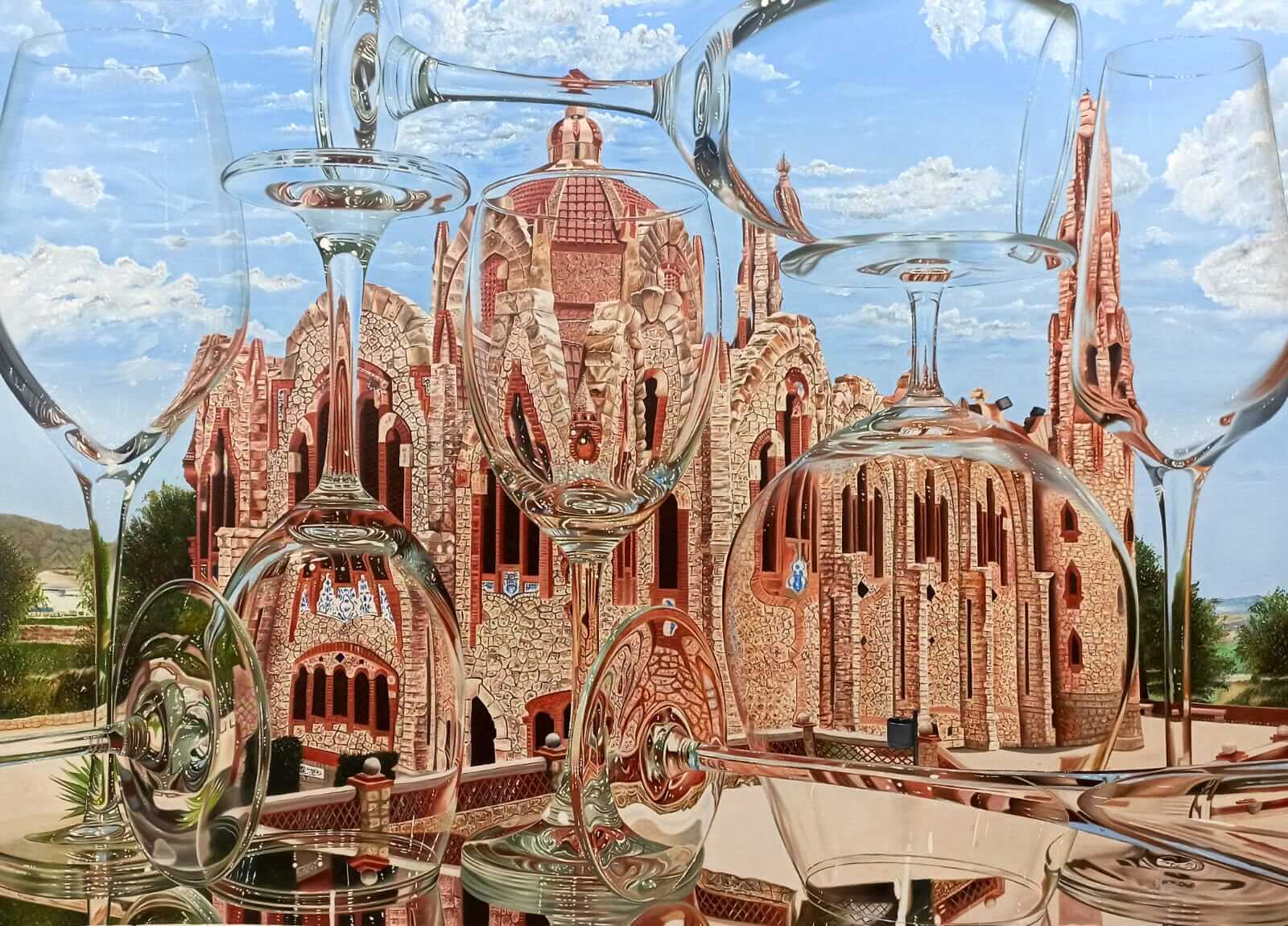 Tauseef Khan Novelda Castle Reflection Oil on Canvas H 36 x W 48 inches 2024